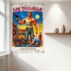 Vintage 'LIG TROUBLE' Action Movie Tin Sign - Muscular Man with Revolver, Distressed Woman, Post-Apocalyptic Scene - Retro 1980s