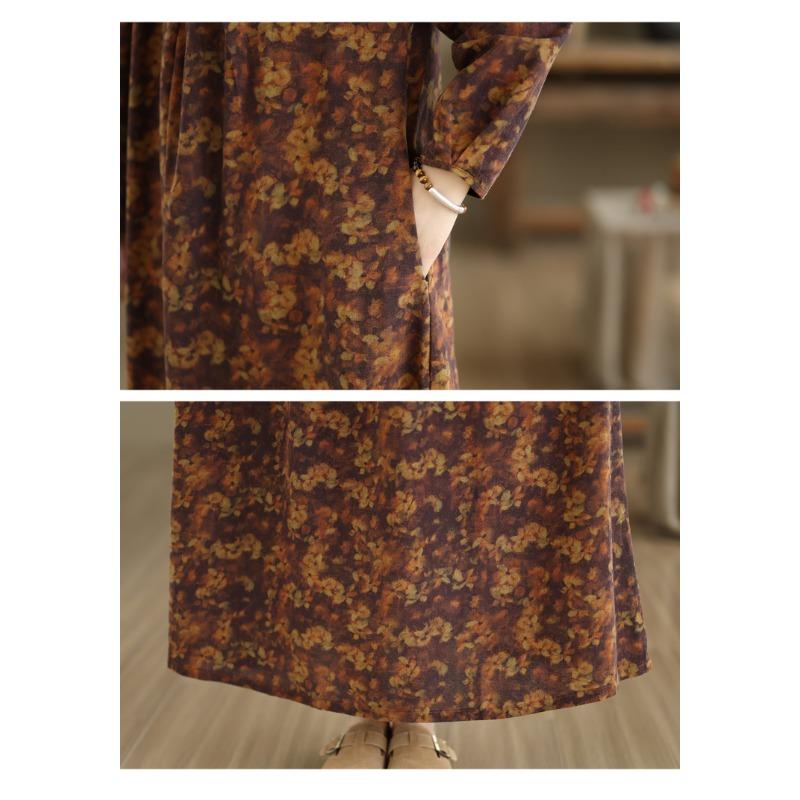 DIMANAF Damen Große Größen Herbst Langarmkleid Locker Lässig Oversize Maxi Vintage Baumwolle Leinen Blumenkleid 2025