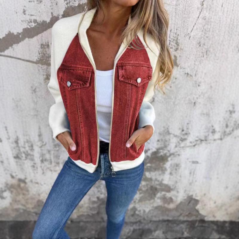 2024 Autumn/Winter Women's Denim Patchwork Raglan Sleeve Jacket - Casual Fashion