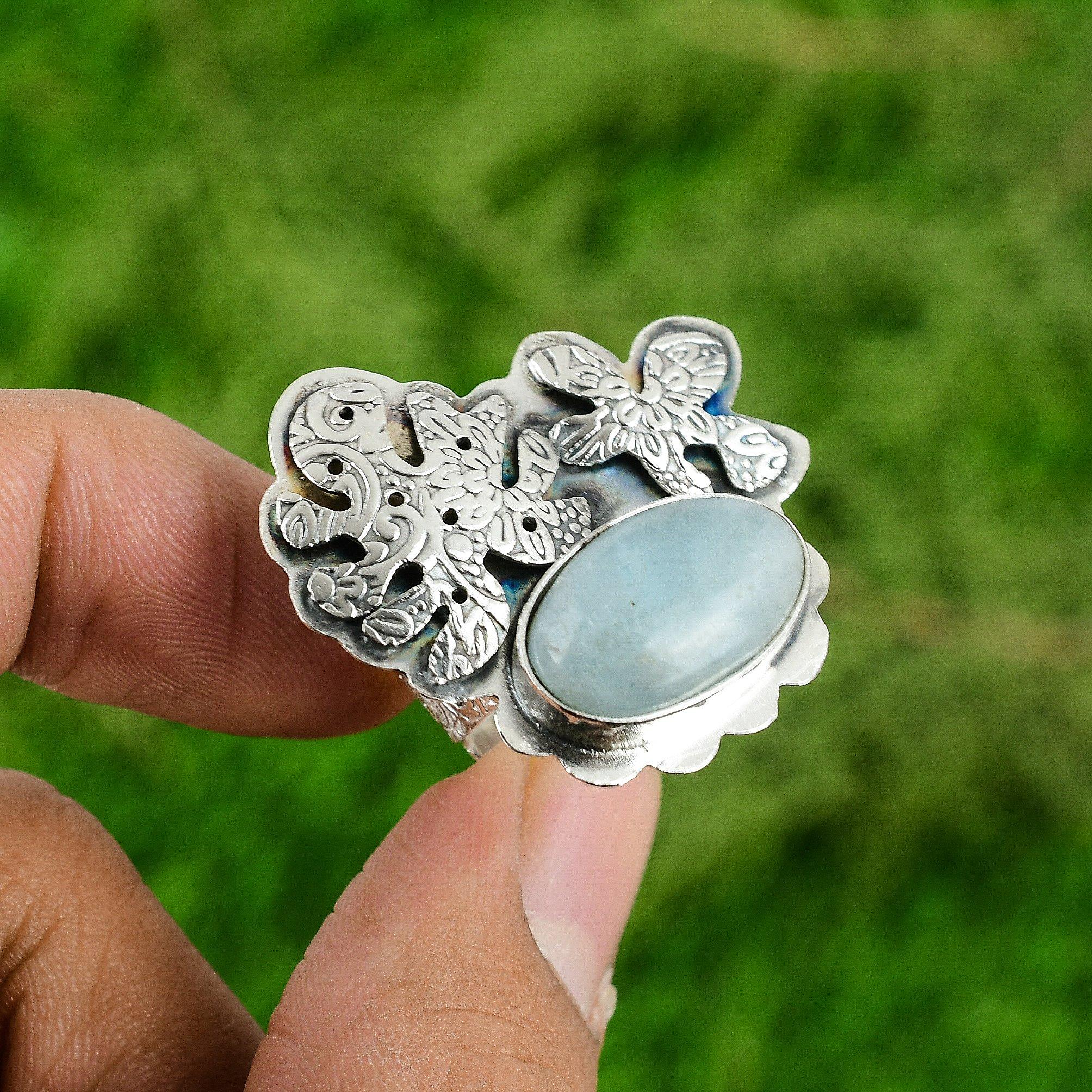 

Womens day Sale Sterling Silver Aquamarine Gemstone Bezel Statement Mother Ring Adjustable