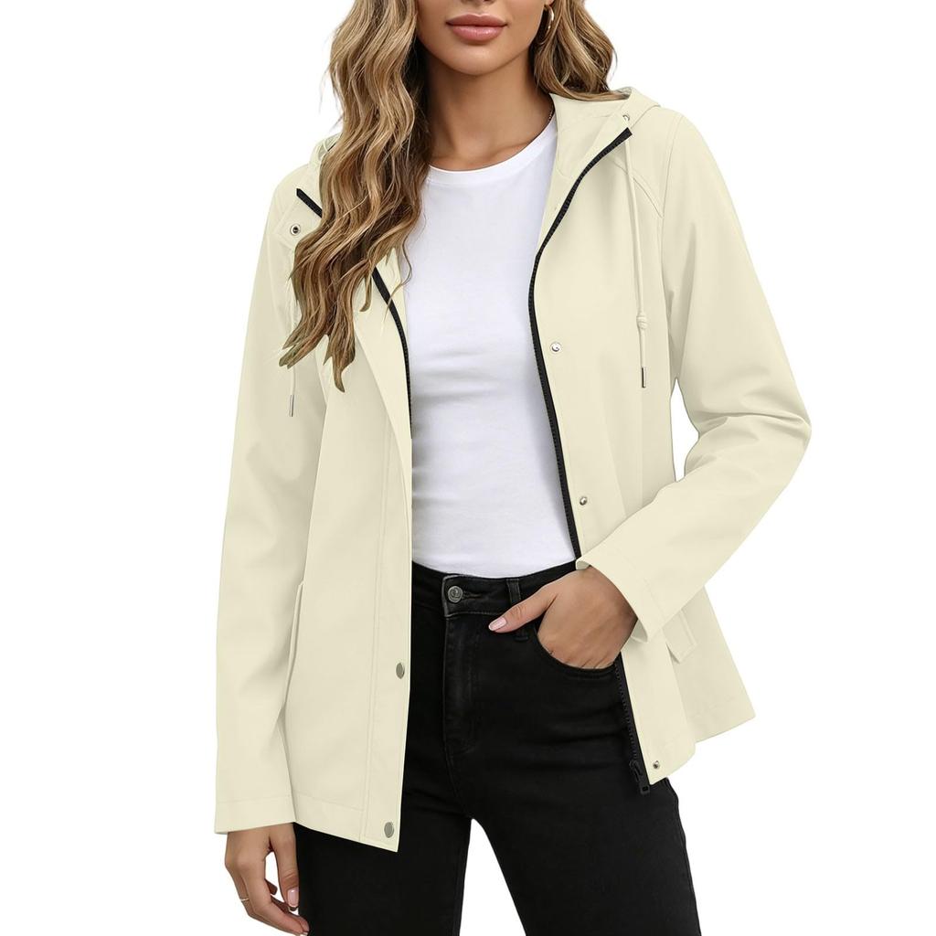 Wasserdichte Winddichte Kapuzenjacke für Damen mit durchgehendem Reißverschluss, Leichter atmungsaktiver Outdoor-Regenmantel, Shell mit verstellbarer Kapuze und Taschen