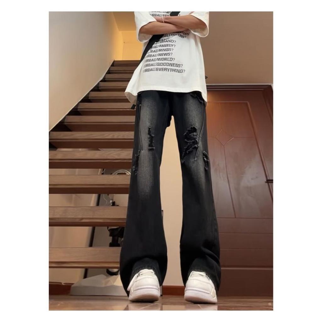 American street washed old ripped jeans men's spring and autumn straight loose European and American high street vibe wind long pants