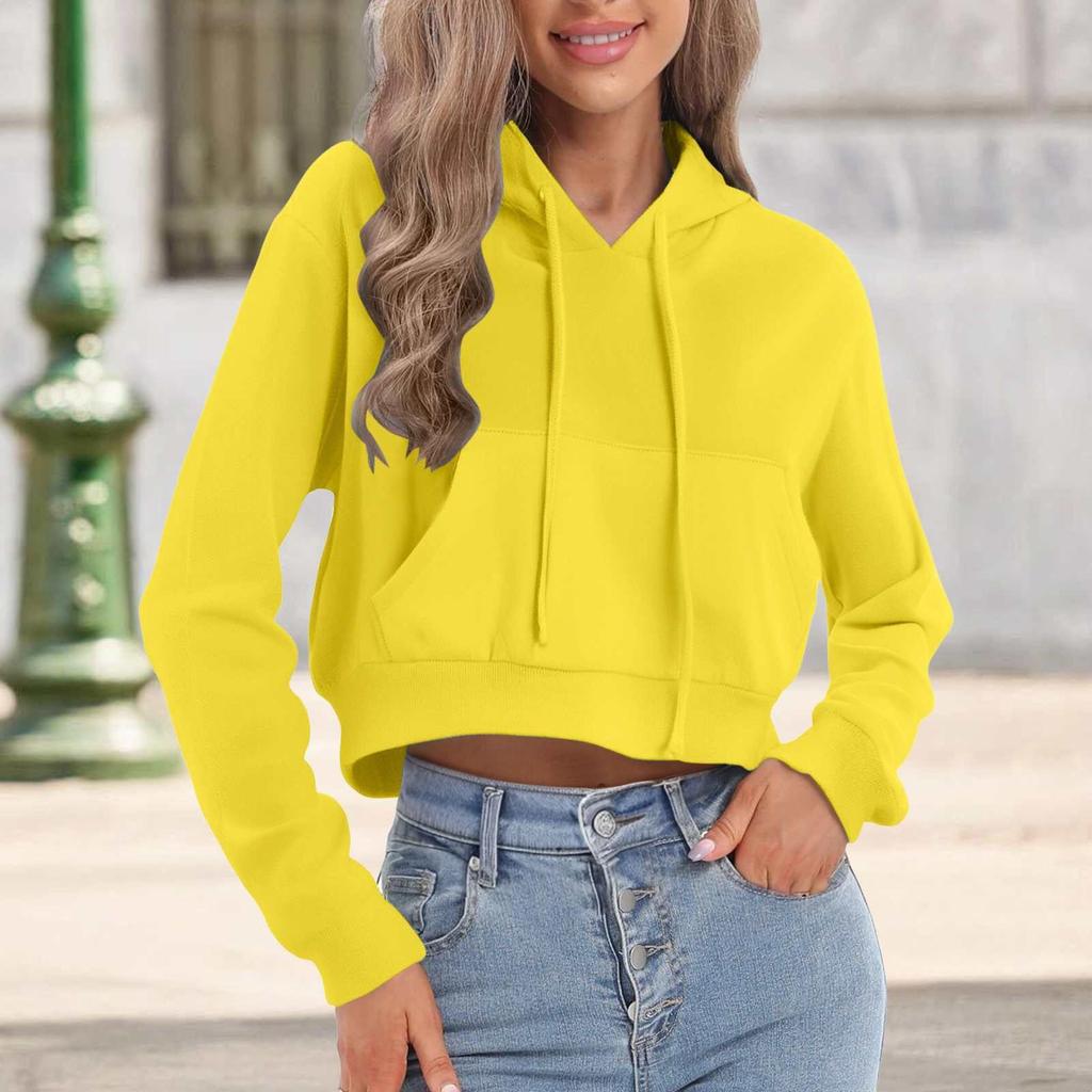 Women's Fashion Long Sleeve Solid Color Pullover Casual Loose Hooded Cropped Drawstring Sweatshirt