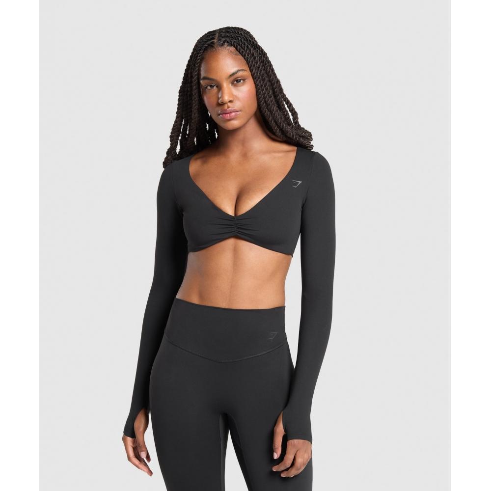 

Gymshark Топ с длинными рукавами и перекручиванием спереди, черный B3c8m Bb2j S