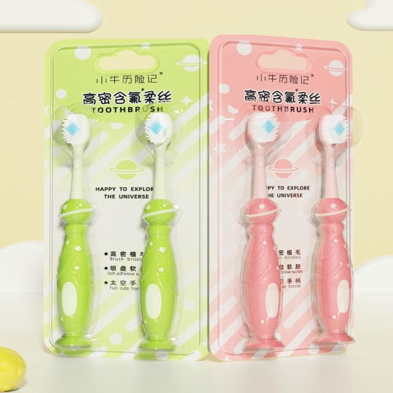 2Pcs Children'S Fluoride-Enriched High-Density Fine Wire Baby Toothbrushes With Soft Bristles And Standing Suction Cup