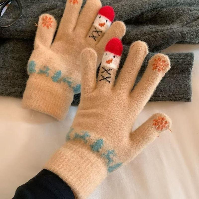 Winter all-inclusive five-finger gloves, cute snowman knitted thickened warm cycling cold-proof cotton gloves