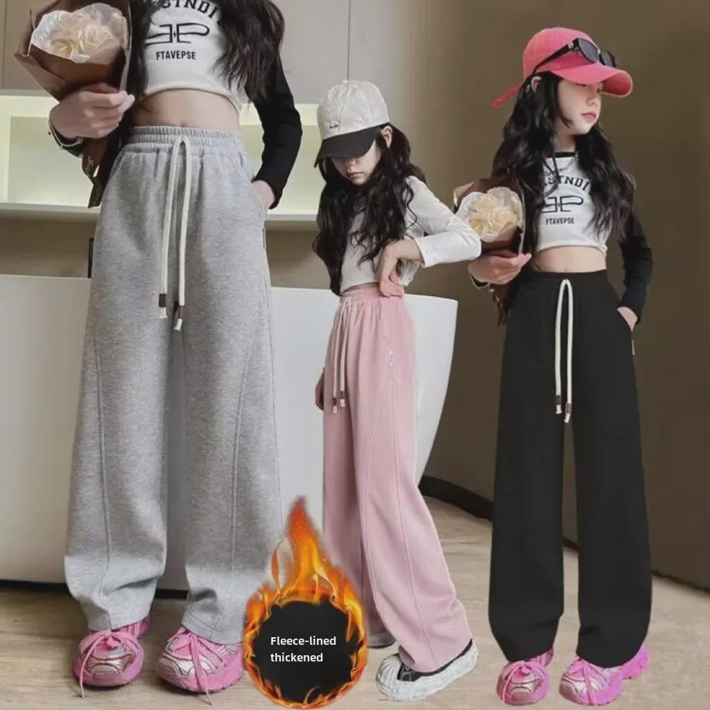 2024 Pink Girls' Wide-Leg Sweatpants: Autumn/Winter Casual Sport Style for Medium to Large Children
