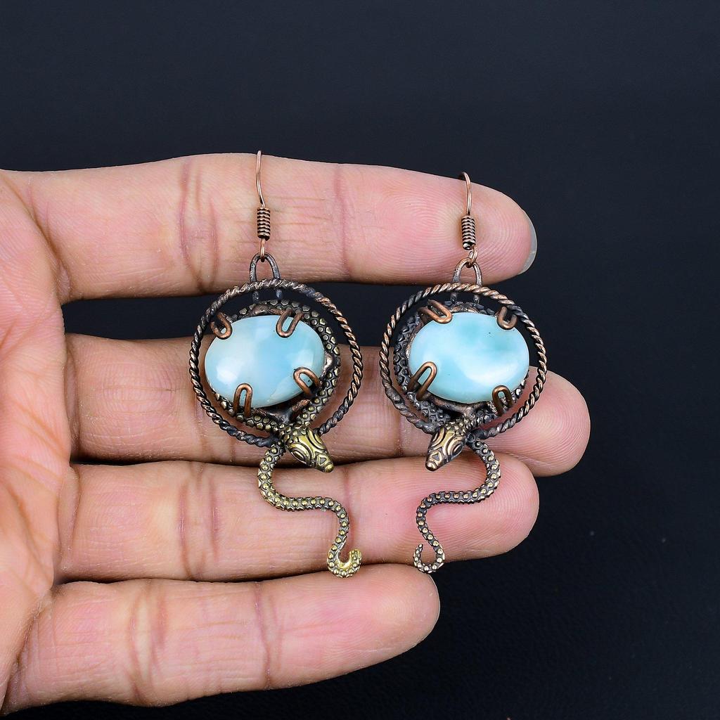 Larimar Earrings, 999 Copper Wire Wrapped Jewelry, Gemstone Earrings, Gift For Her Handmade Dainty Jewelry