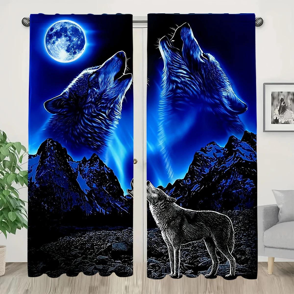 

Wolf Howling Under Moon Printed Curtains Pole Bag Bedroom Living Room Home Decoration Made Of Polyester Decor W100*H70(CM)-Hooks&1PCS