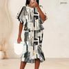 Women Plus Size Round Neck Batwing Sleeve Printed Ruffle Hem Top Fishtail Skirt Two Piece Set