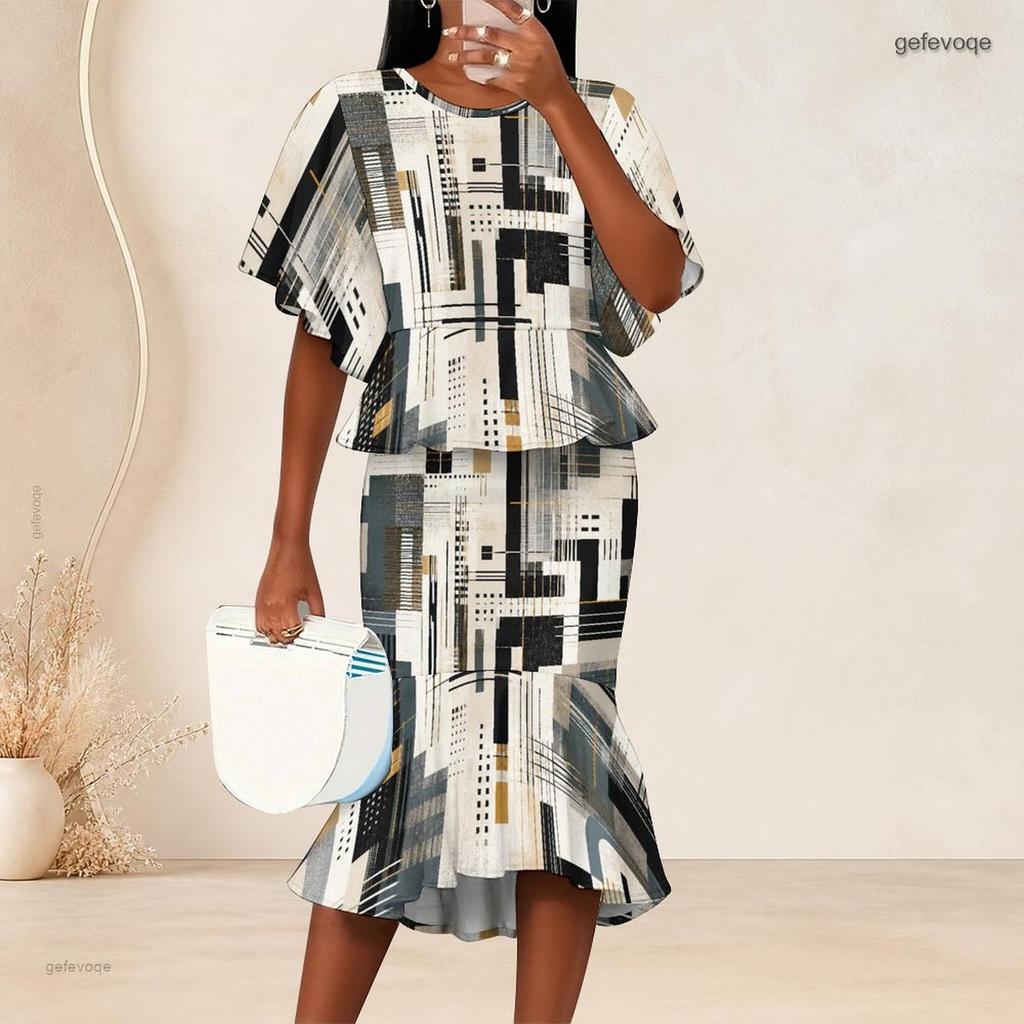 Women Plus Size Round Neck Batwing Sleeve Printed Ruffle Hem Top Fishtail Skirt Two Piece Set