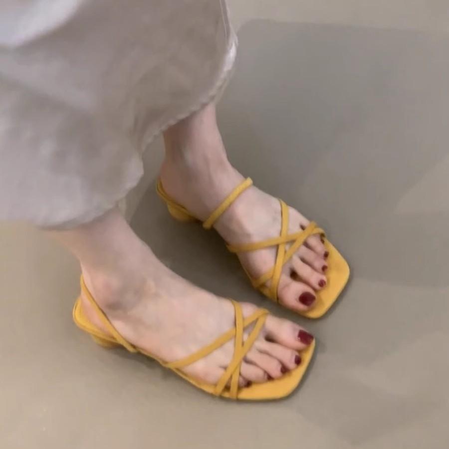 Soft Leather Version~ French Gentle Thick-heeled Sandals Female Evening Breeze with Skirt Open-toed Fairy Square Head with Cool Slippers