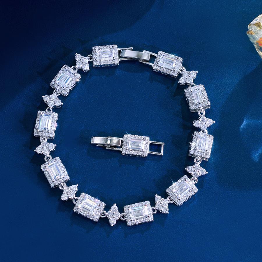 ThreeGraces New Trendy Shiny Baguette Cubic Zirconia Bridal Wedding Link Chain Bracelet for Women Fashion Party Jewelry BR418