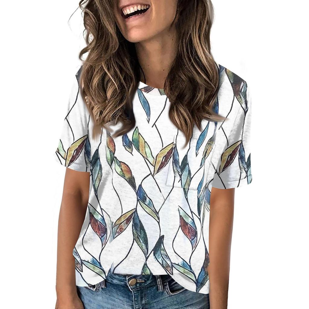 Women's Pocket Floral Print Summer Short Sleeved Round Neck Casual Loose T-shirt Top
