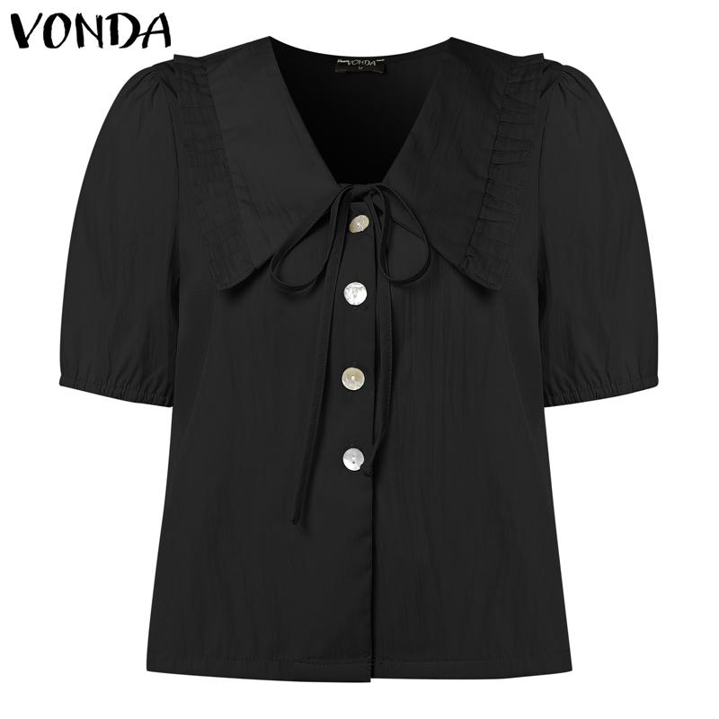 

VONDA Women Casual Doll Collar Short Sleeve Ruffled Buttons Cropped Blouse 4XL чёрный