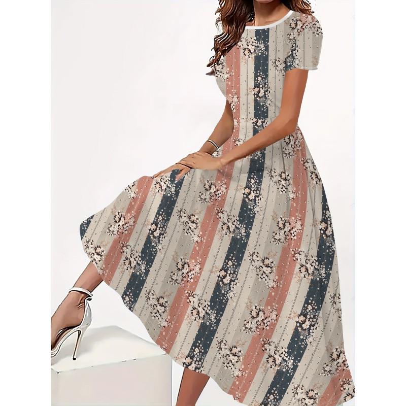 Womens Loose Fit Cotton Print Short Sleeve Round Neck Midi Dress Casual Wear
