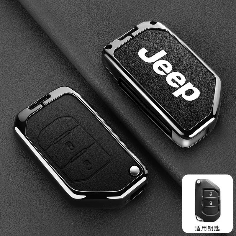 For Jeep Metal Leather Car Key Case Cover Shell Keychain for Jeep Wrangler Gladiator JL JLU Rubicon Sahara JLU JT 2018-2022 A