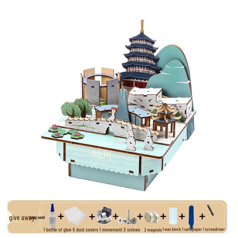 Landmark City Rotating Wooden Music Box DIY Birthday Gift