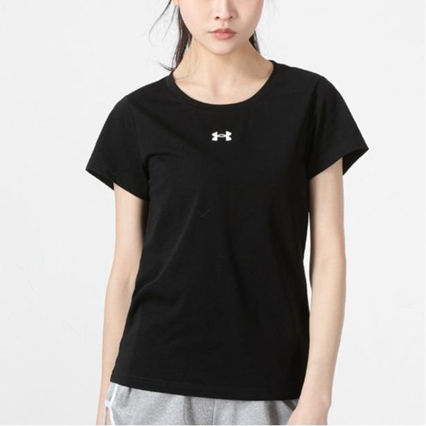 Under Armour Printed Stripe 3D Logo Athletic Knit Fitted Straight-Cut Crew Neck Short Sleeve T-Shirt Women Tops Black 22500520-001