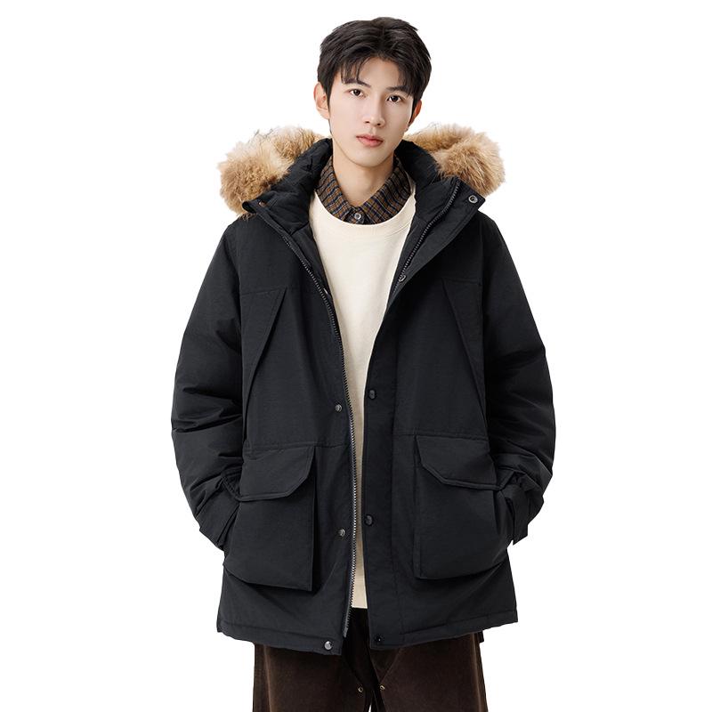 Unisex Mid-Length Winter Down Jacket with Fur Collar - Men's 90% White Duck Down Thickened Parka