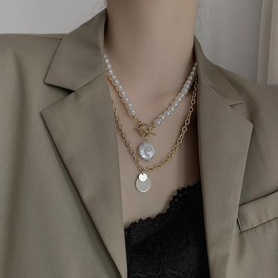 Two Piece Set of Imitation Pearl Pendants, Fashionable Iron Chains, Personalized Street Baroque Style Necklace