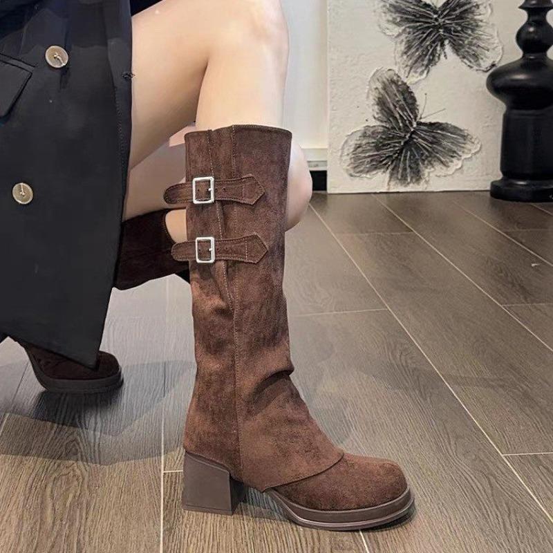 Bull Suede Block Heel Platform High Boots Women's Round Toe Sleeve Metal Belt Buckle Four Season Fashion Boots