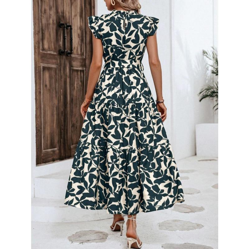 VEZFAA Damenmode Sommer Frühling Blumenmuster Druck Kurzarm Halber Rollkragen Hohe Taille Freizeitkleider