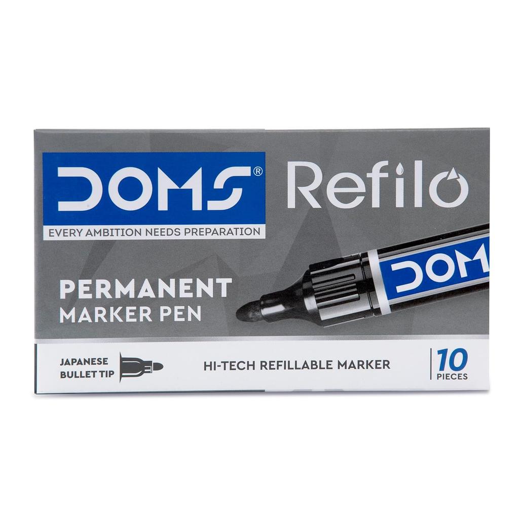 DOMS Refilo Permanent Marker Pen Pack of 10 Black Ink Hi-Tech Refillable Japanese Bullet Tip Non-Toxic Office School Use