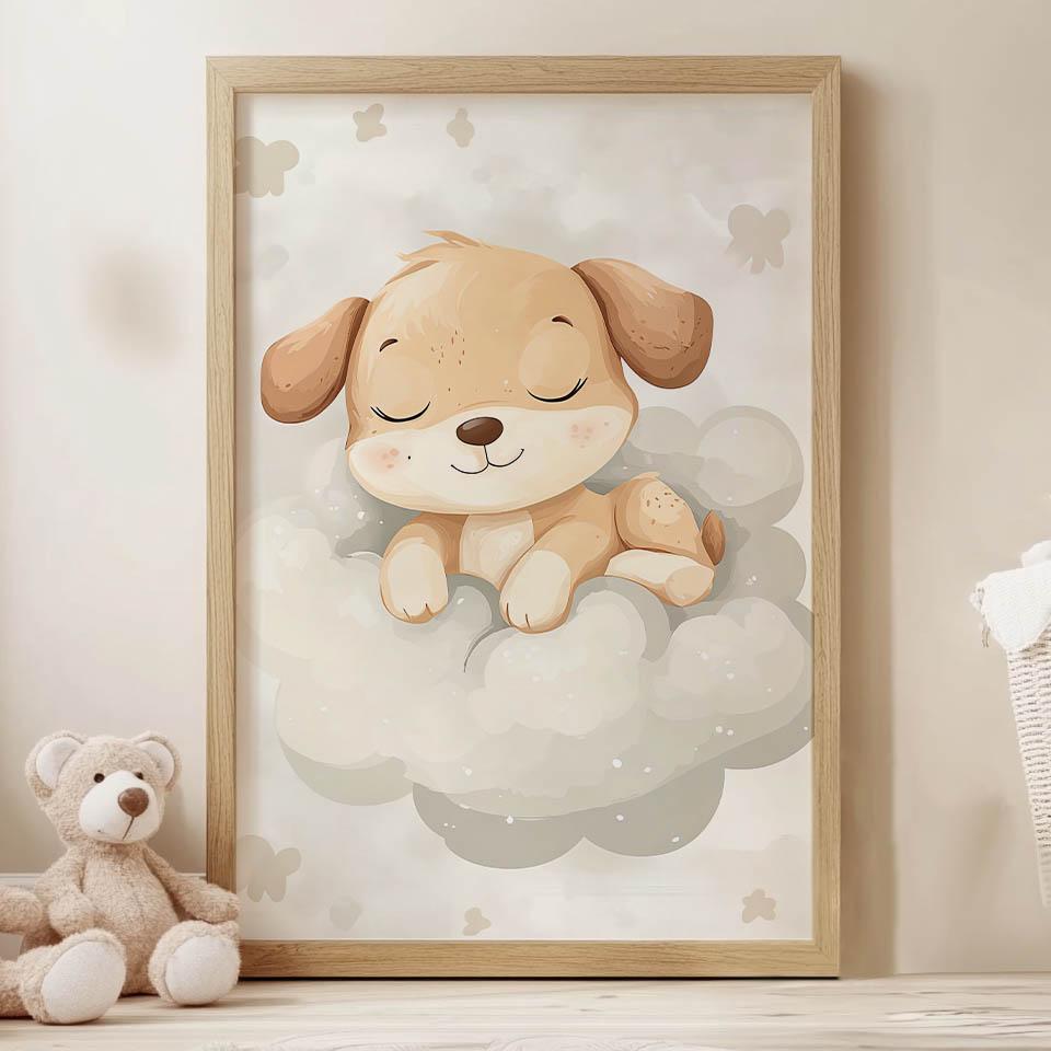 Poster Cute Dog On a Cloud Poster Cute Dog On a Cloud, 50X70 Cm, Black Aluminum Frame, 230 Gsm Matte Paper