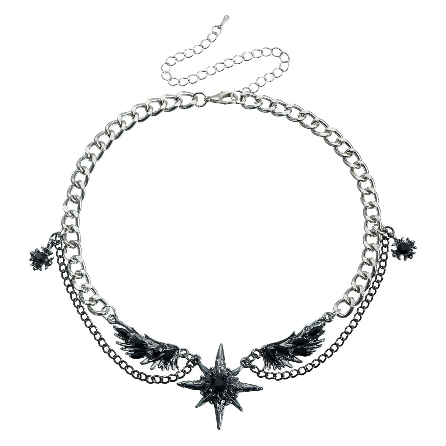 

European and American jewelry, dark girl silver chain with wings, star pendant, necklace, women s personality sweet and cool necklace.