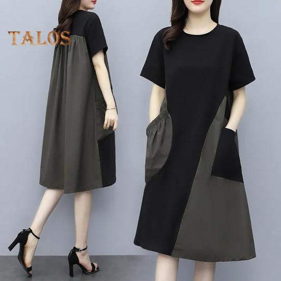 Women Midi Dress Round Neck Short Sleeve Loose Fit Summer Dress with Pockets Patchwork Color Lightweight Casual Dress