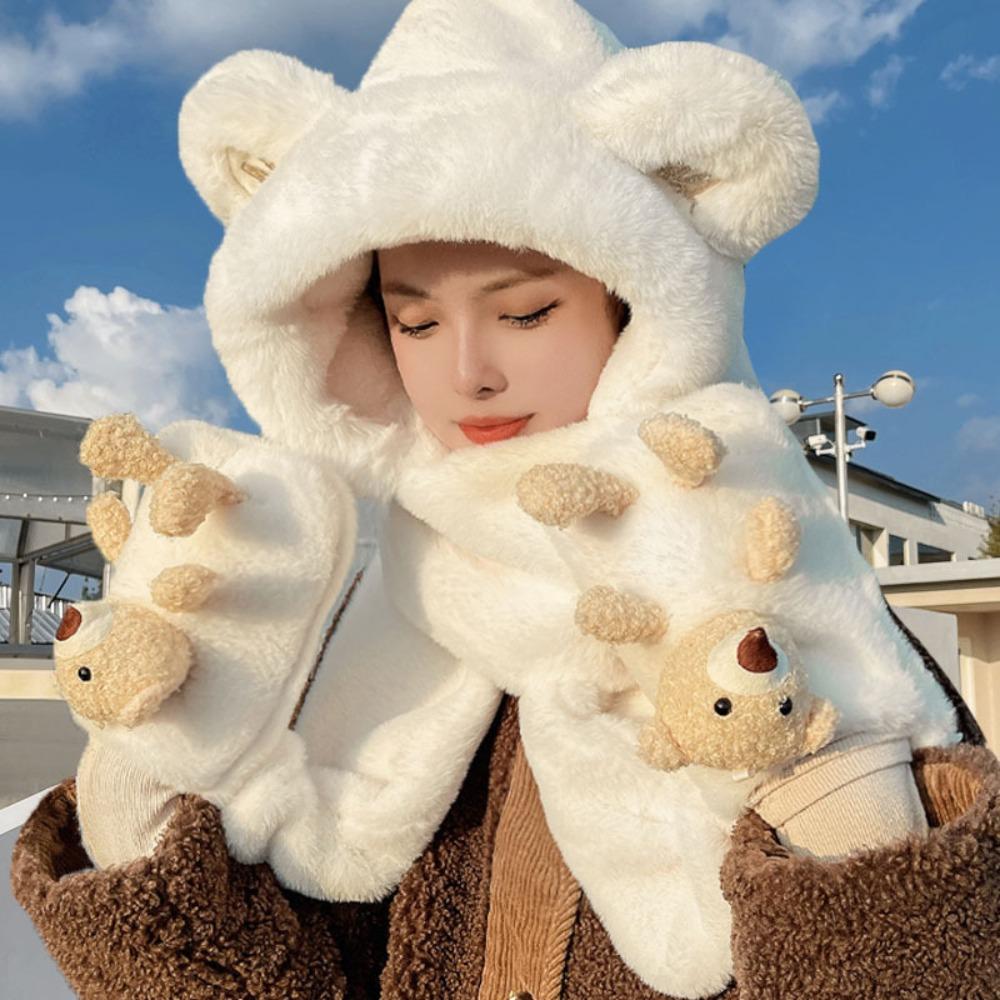 Cute Bear Ear Women Beanies Cap Thickened Plush Integrated Cap Scarf Hat Scarf Gloves Set Outdoor