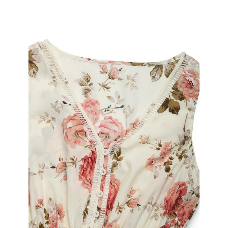 YYFS Women's Fashion Summer Spring Flower Pattern Print Sleeveless V-Neck High Waist Casual Dresses