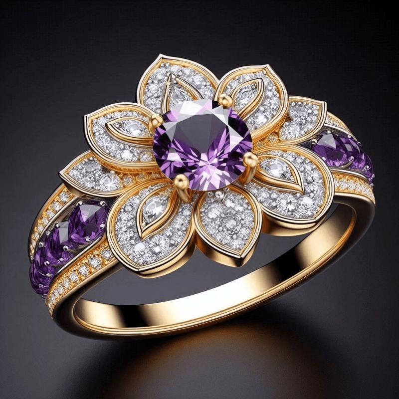 Elegant Two-Tone Flower Ring with Purple Zirconia, Perfect for Anniversaries And Daily Wear, Ideal Jewelry Gift for Women