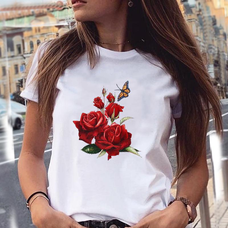 Women T-Shirts 90S Tropical Plants Love Letter Printing New Graphic Print Female Fashion Cartoon Summer T Tops Shirt Tee T-Shirt