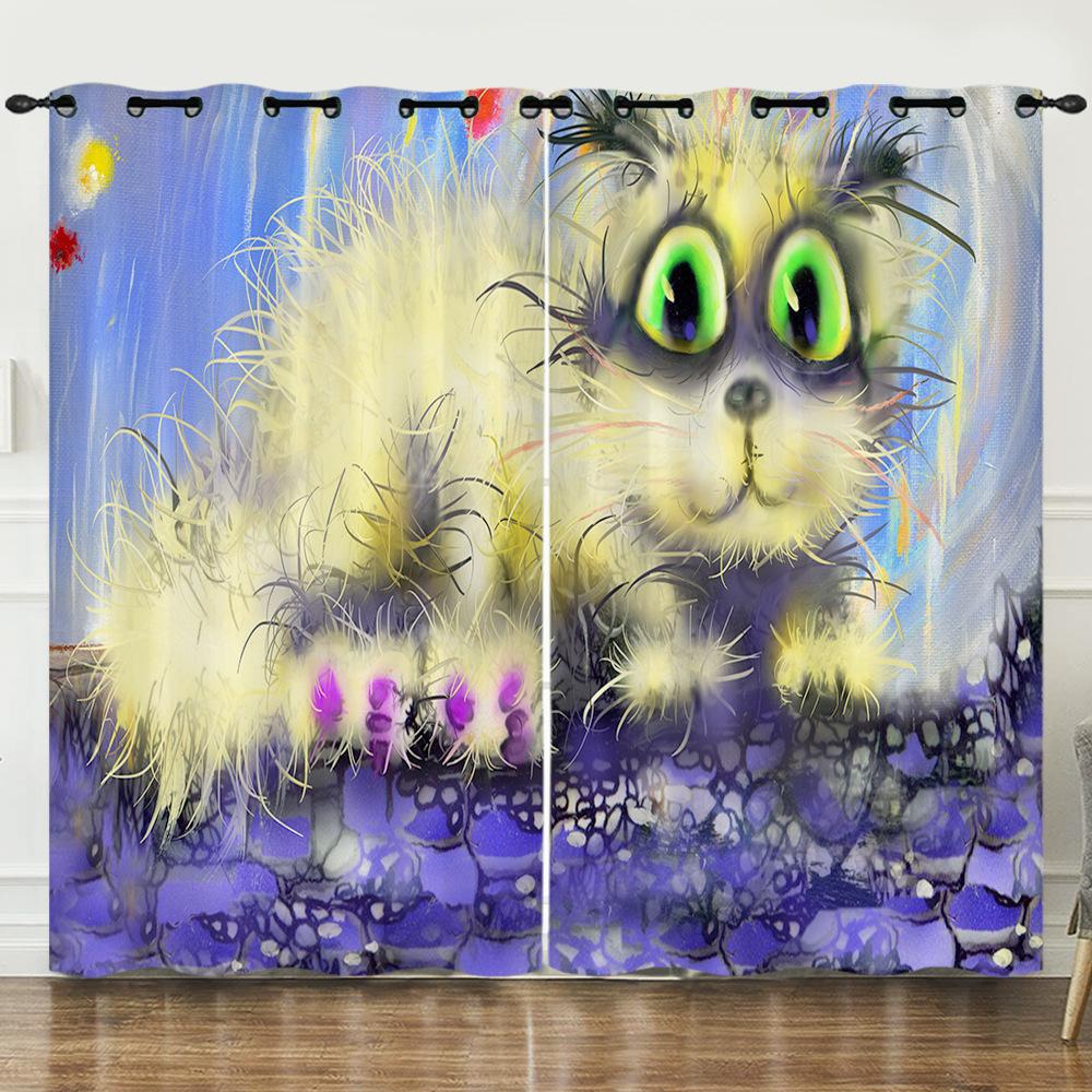 Curtain Animal Cat Oil Painting Cat Animation Animation Cat Digital Printing Blackout Curtain Punching 2pcs*97cm*114cm*2