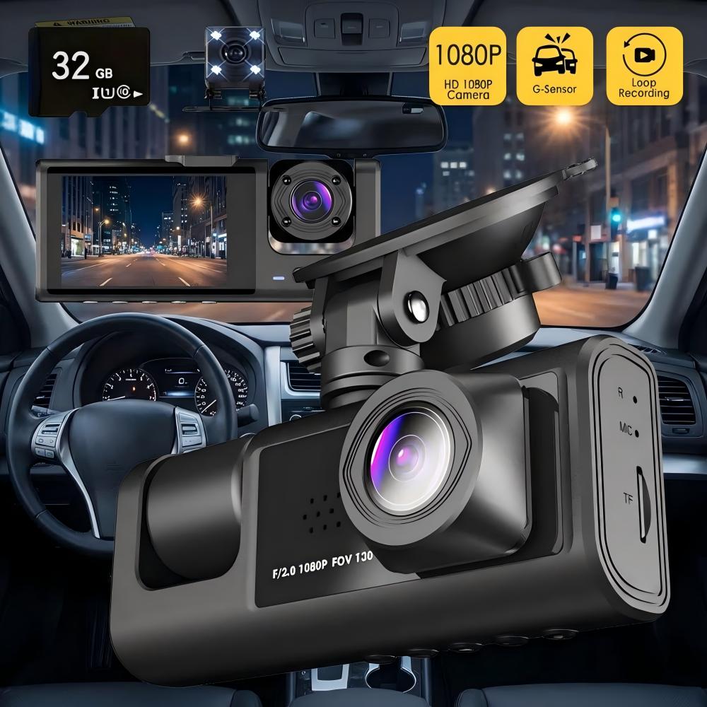 

3 Channel Car Camera IR Night Vision 1080P 3-Lens Inside Vehicle Dashcam With 32GB Memory Card Loop Recording Car DVRs Camera 32G