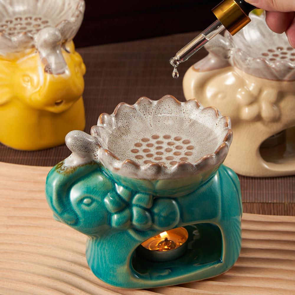 Ceramic Ice Cracking Lotus Incense Burner Elephant Shape Aromatherapy Essential Oil Aromatic Wax Diffuser Censer Home Decoration