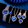 New Women's Simple and Fashionable Round Dial Quartz Watch + Heart-Shaped Earrings, Necklace, Bracelet Accessory Set. Ideal for