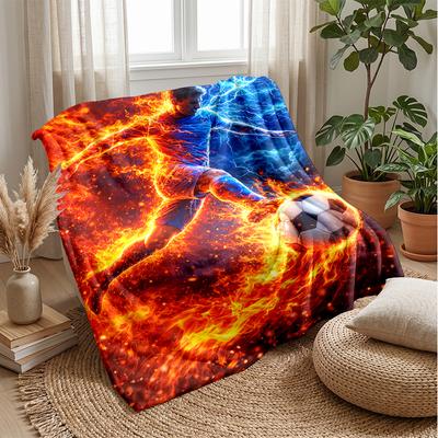 Flaming Soccer Player Kicking Ball Theme Blanket Lightweight Warm Flannel Blanket Decorative Throw Blanket for Home Decoration
