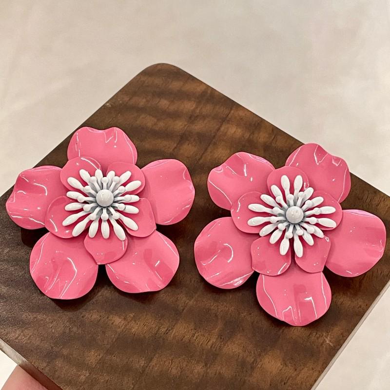 Retro Gradient Flower Stud Earrings with 3D Drip Glaze Stamens - Fairy Style Metal Ear Ornaments for Women