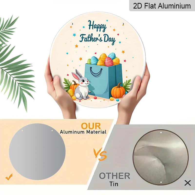 2D Flat, 1pc Round Aluminum Hanging Sign - "Happy Father's Day" Cute Bunny & Easter Egg Gift Bag Metal Wall Art, Sweet Pumpkin & Star Design, Perfect