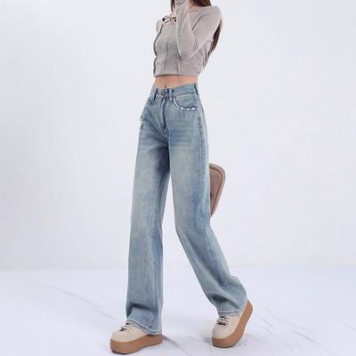 Jeans Americanos Retrô de Perna Larga Primavera e Verão Versão Estreita Cintura Alta Azul Claro Slim Caimento Versátil Calças Compridas até o Chão
