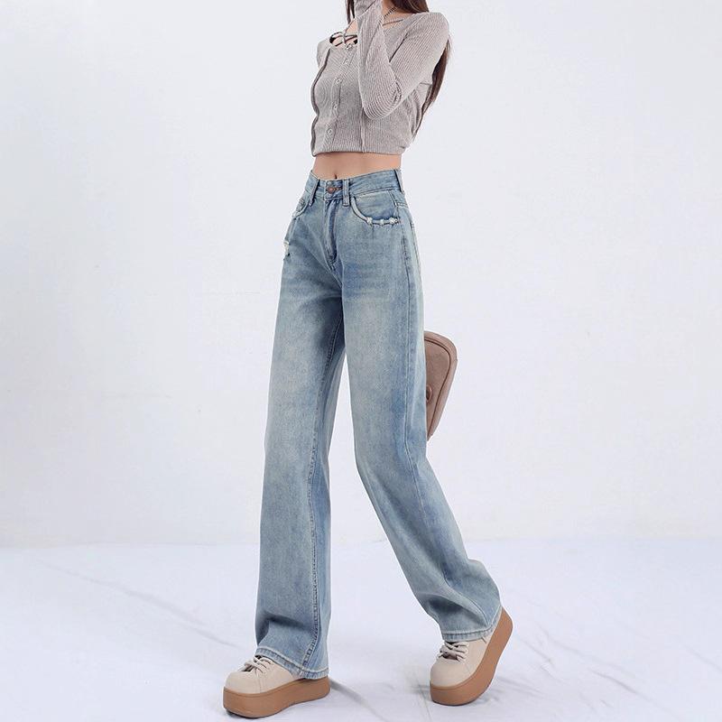 Amerikanische Retro Weitbeinjeans Frühling und Sommer Schmale Version Hohe Taille Hellblau Schlank Hängend Vielseitig Verlängert Bodenlang