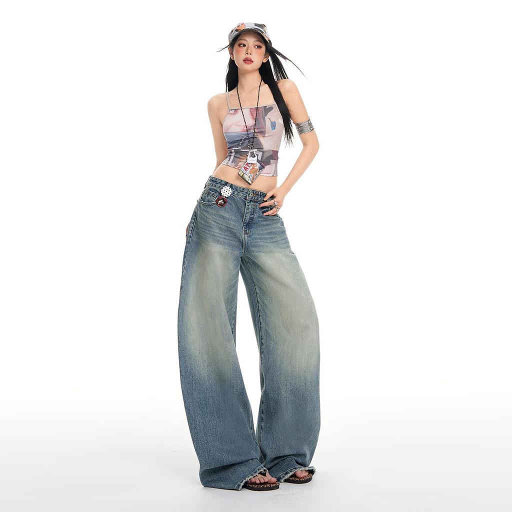 Spring Summer Vintage Classic 3D Cut Washed Saber Cut Wide Leg Denim Pants For Women Casual Pants Oversize Denim Trousers