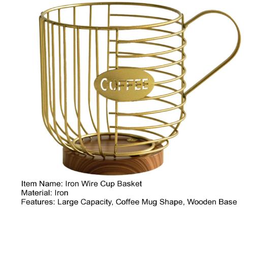 Metal Wire Cup Storage Basket with Wooden Base Coffee Mug Shape Hollow Out Organizer for Home Cafe Bar Countertop Kitchen Decor