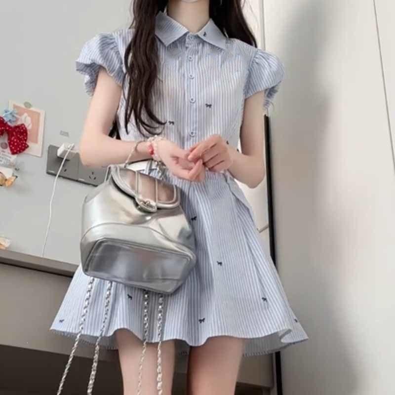 Korean wear summer new small blue striped shirt dress children s temperament waist skirt S