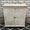 Hand-Carved Wooden Cabinet  Whitewashed Storage Sideboard with Floral Mandala Design  Bedside Indian Accent Furniture, Nightstand Self