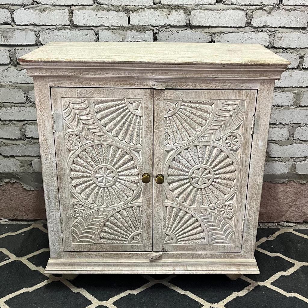 Hand-Carved Wooden Cabinet Whitewashed Storage Sideboard with Floral Mandala Design Bedside Indian Accent Furniture, Nightstand Self