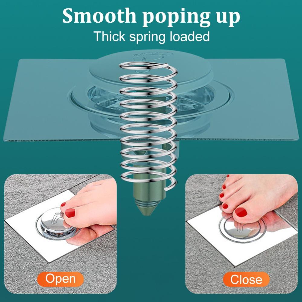 Durable Stainless Steel Press-Type Floor Drain Pop Up Bounce Square Shower Foot Floor Drain Anti-odor Pedal Type Drain Filter